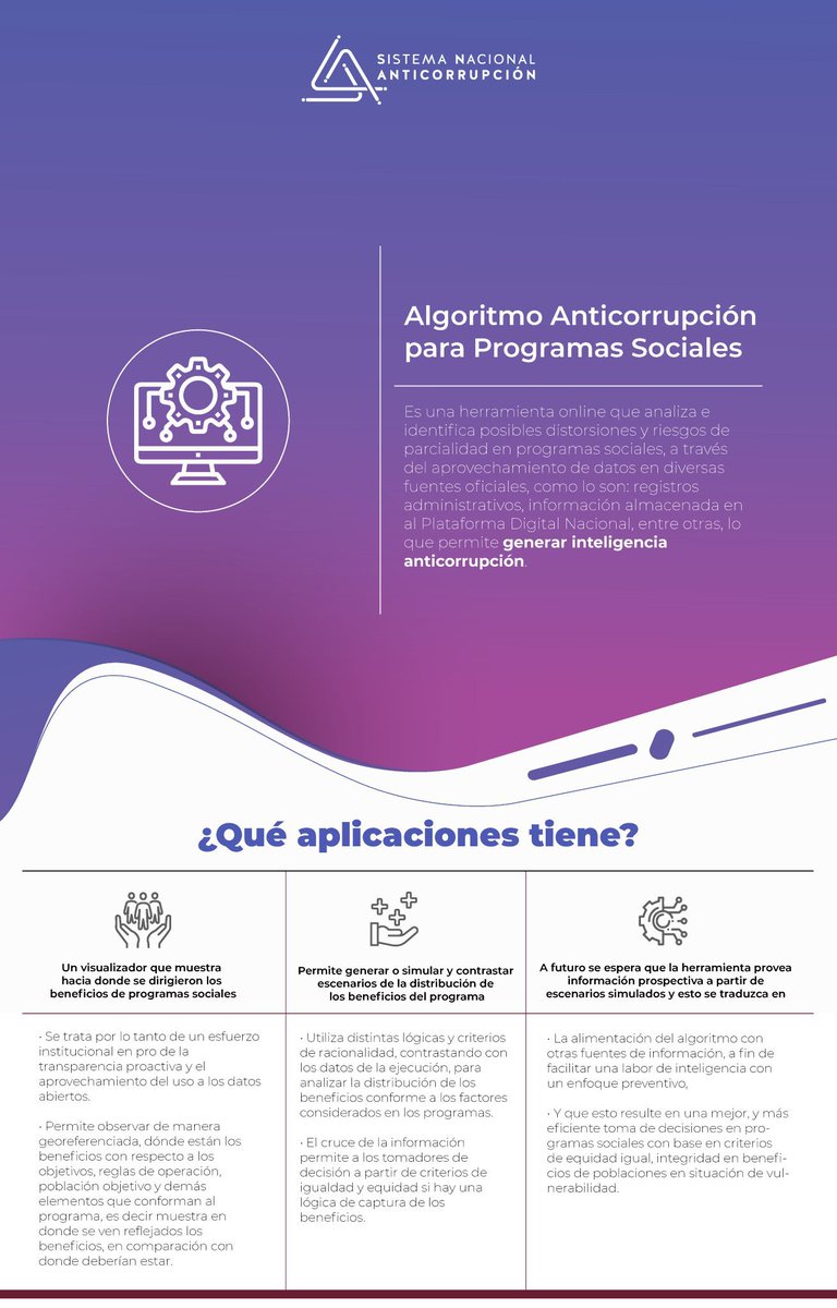 #Entérate El uso y aprovechamiento de datos es un elemento fundamental en el combate a la corrupción. La SESNA junto con @IntegridadMx desarrolló el #Algoritmo #Anticorrupción para Programas Sociales. ¿Qué hace? Permite detectar posibles distorsiones y riesgos de parcialidad…