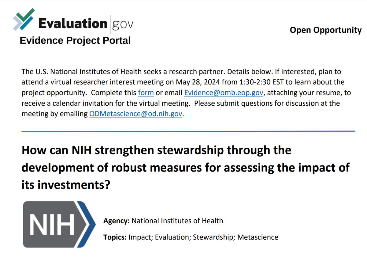 Awesome metascience research opportunity to partner with the NIH on measuring the impact of their scientific portfolio and informing the program design of their funding streams.