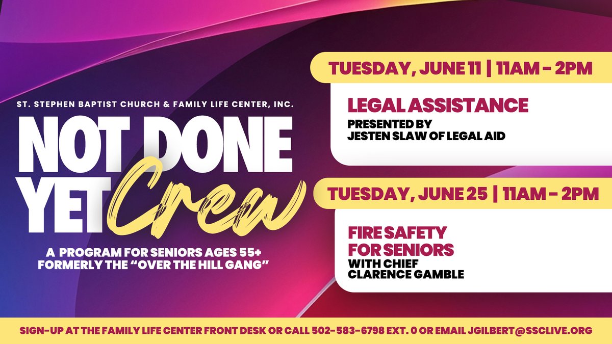 Are you ready for the Not Done Yet Crew events for June? Tuesday, June 11th from 11-2pm and Tuesday, June 25th 11-2pm. #ssclive @kwcosby