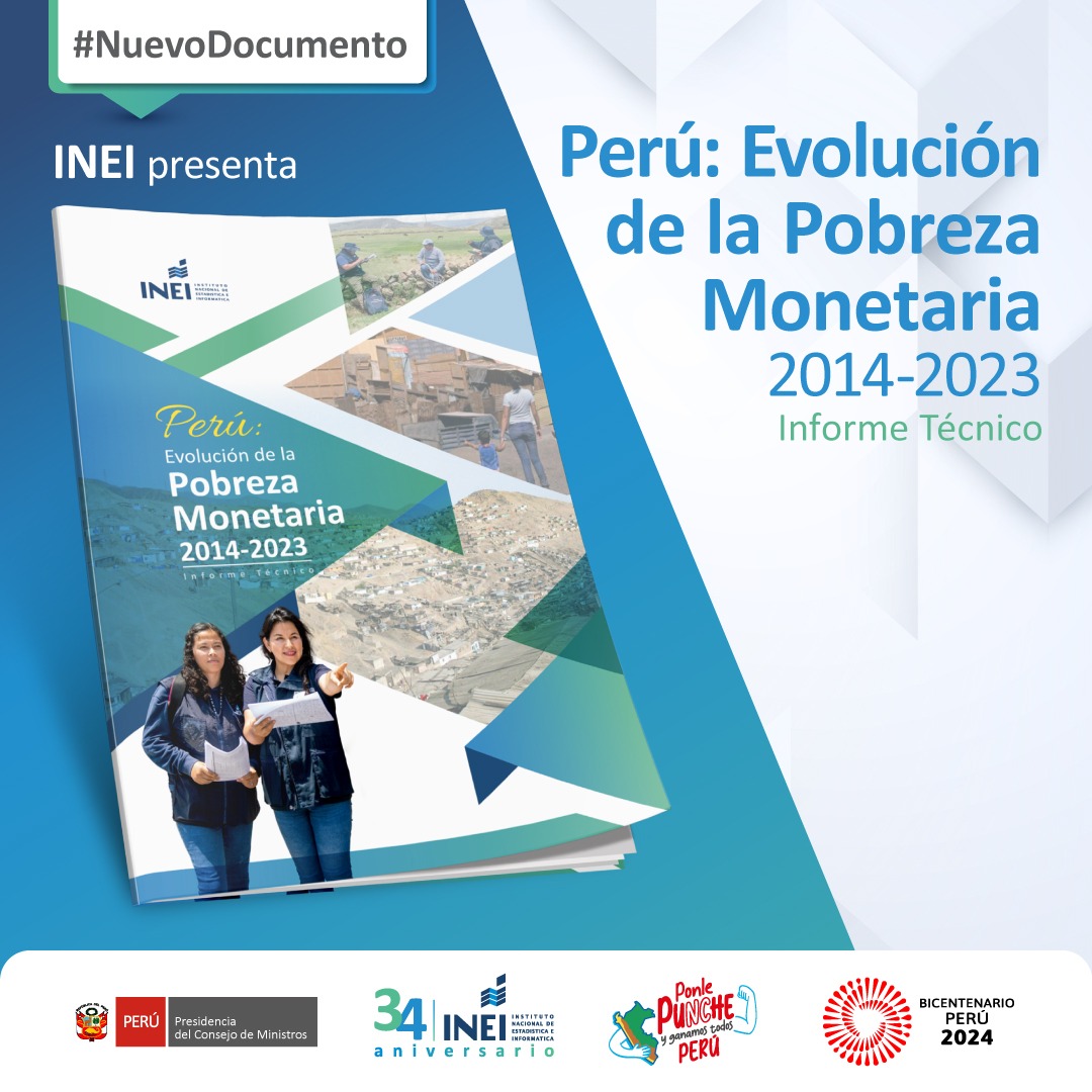 El #INEI presenta el informe técnico «Perú: Evolución de la Pobreza Monetaria, 2014-2023». 📊 Informe técnico: bit.ly/3WBqRGM 📰 Nota de prensa: bit.ly/44CB2MX