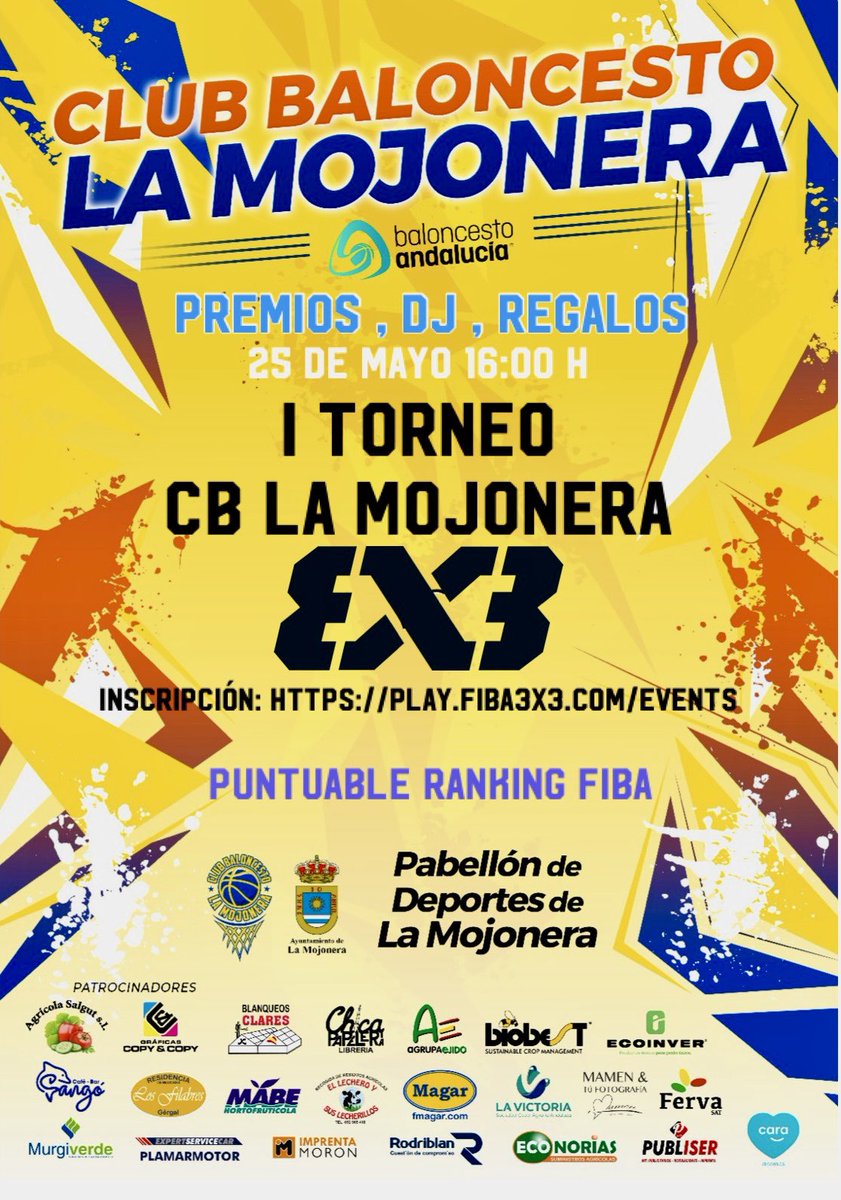 I Torneo Fiba 3x3   Primer torneo del CB La Mojonera oficial 3x3 puntuable en fiba3x3.com . El torneo se limitará a 16 equipos, se desarrollará en el pabellón de deportes de La Mojonera.Enlace inscripción y más info : play.fiba3x3.com/events/9e5fb81…