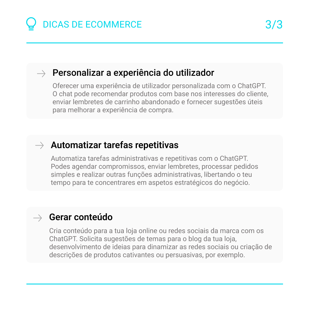 O ChatGPT é uma ferramenta interessante para ajudar a desenvolver e impulsionar o teu negócio online.
Integra-o na tua loja e cria uma vantagem competitiva com uma interação mais inteligente e eficaz com os clientes.

#lojaonline #ecommerceportugal #dicasdeecommerce #ChatGPT