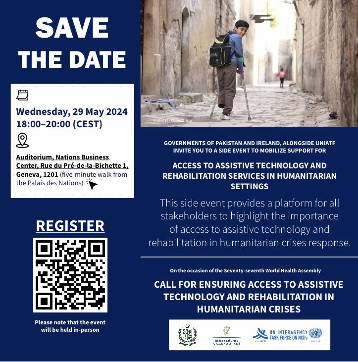 📣 The need for rehabilitation and #AssistiveTechnology rapidly increases during emergencies due to injury and trauma from conflict or sudden onset disaster. Join us for the #WHA77 World Health Assembly event to contribute in ensuring access to #AT and #rehabilitation in