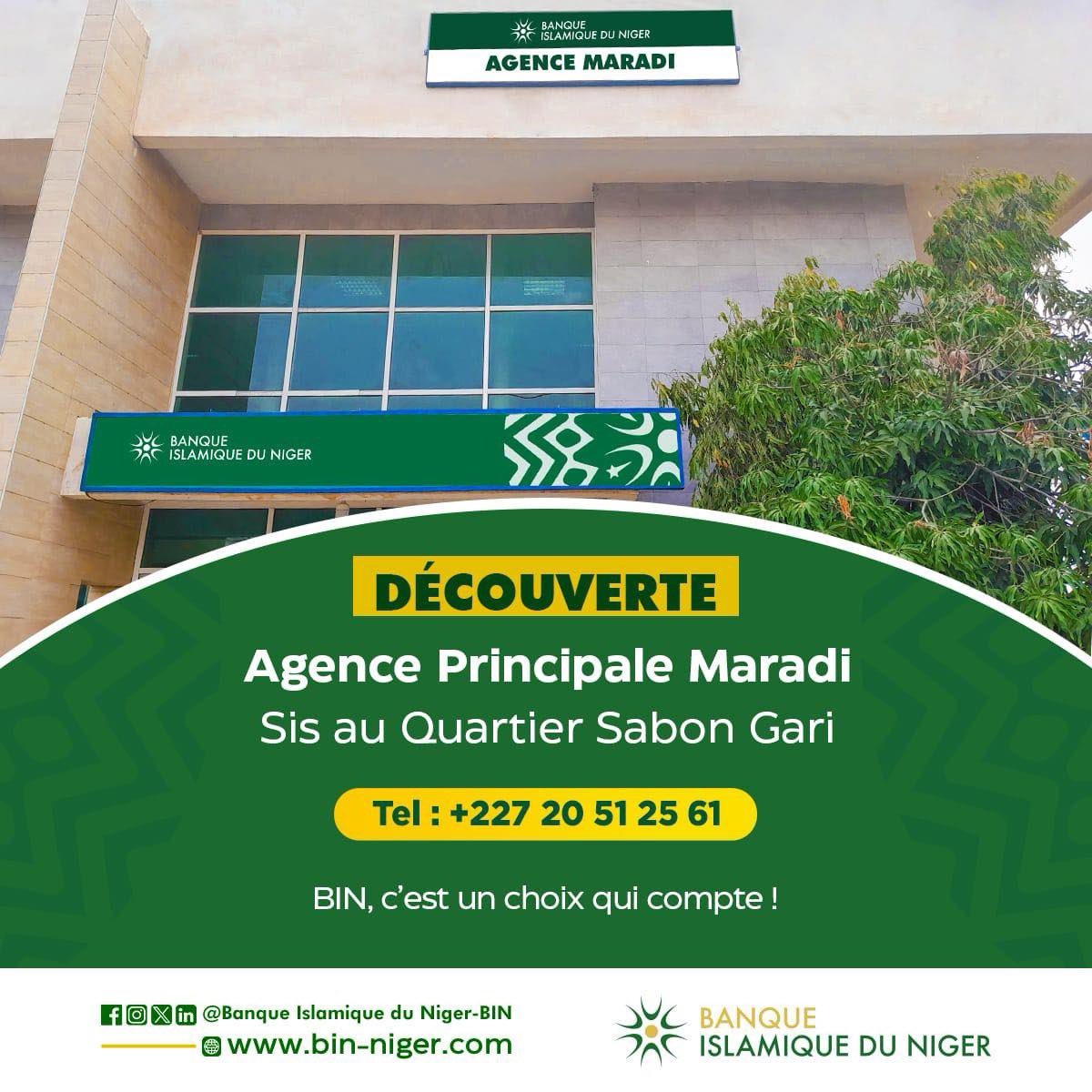 #decouverte 
Aujourd’hui dans notre rubrique #Découverte, nous partons à la découverte de notre Agence Principale de Maradi.

Elle est située sis au Quartier Sabon Gari!
Un accueil chaleureux vous attends😉.

#BanqueIslamiqueDuNiger #financeislamique  #BinNiger #banque #Niger