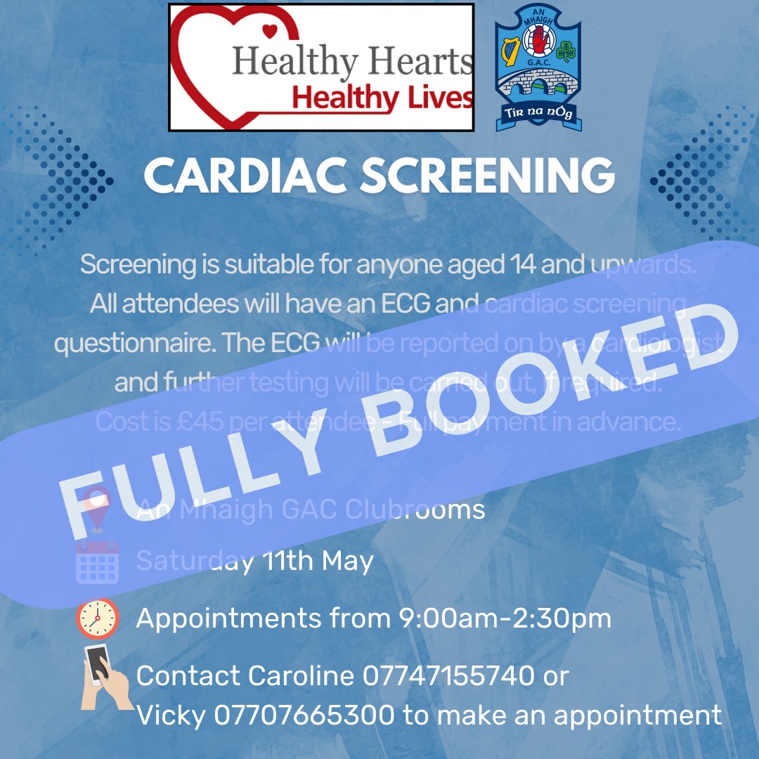 𝐂𝐚𝐫𝐝𝐢𝐚𝐜 𝐒𝐜𝐫𝐞𝐞𝐧𝐢𝐧𝐠: 𝐅𝐮𝐥𝐥𝐲 𝐁𝐨𝐨𝐤𝐞𝐝 Our cardiac screening day this Saturday (11 May) is now fully booked❗️
