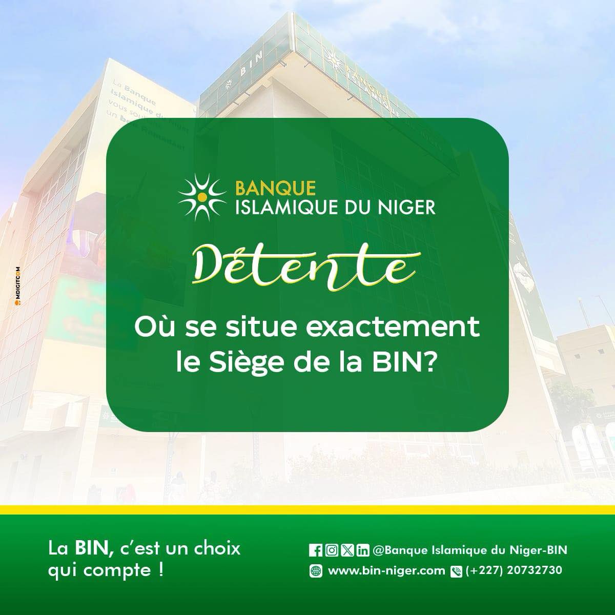 #detente 
Où se situe exactement le siège de la BIN👀?
Top réponses en commentaires 👇🏽.

Faites le choix qui compte!
—————————————
Site Web 🌐 bin-niger.com
La BIN , C’est un choix qui compte! 

#BanqueIslamiqueDuNiger #financeislamique  #BinNiger #banque #Niger