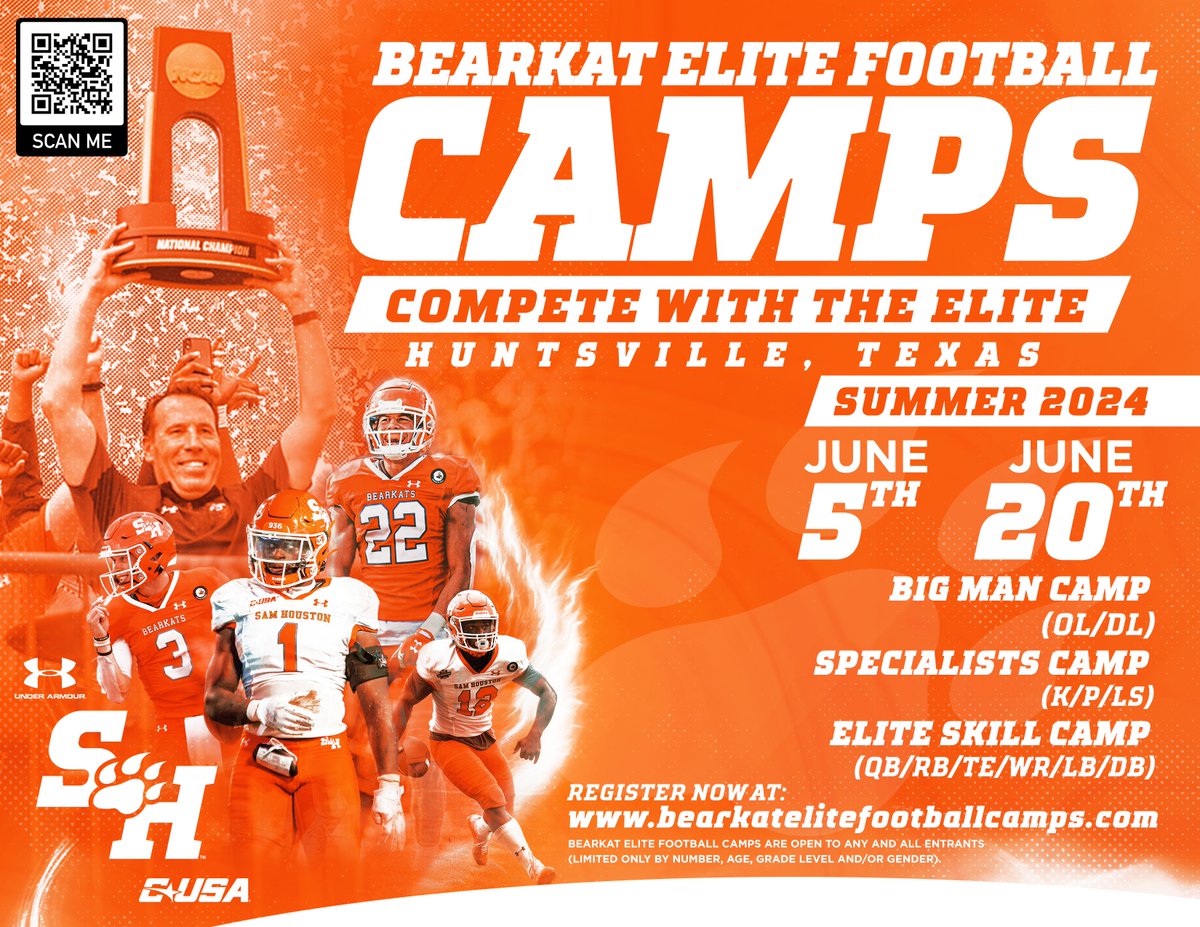 It's starting to heat up which means summer is coming soon! ☀️😎 Don't miss out on a chance to Compete with the Elite here in Huntsville, Texas! 🚨Specialists Camp Now Added🚨 Register now using the link below! 🔗: …rkatelitefootballcamps.totalcamps.com/About%20Us