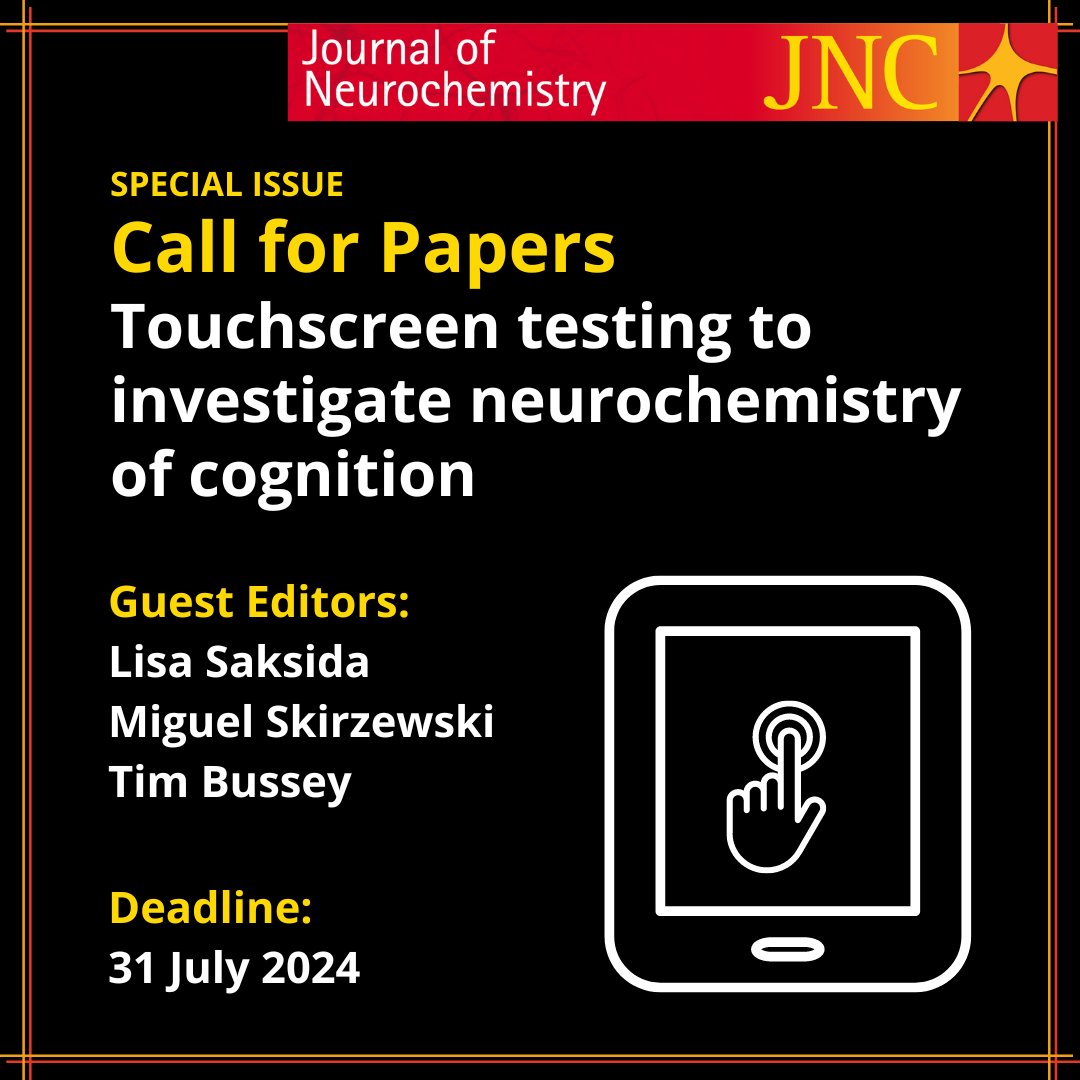 Using touchscreen testing to investigate #cognition? Be part of this upcoming Special Issue in @JNeurochem! ✨ More info: bit.ly/JNCcall Deadline: 31 July 2024 @WileyNeuro @TouchScreenCog @lisasaksida @skirzmi @TCNLab @Timothy_Bussey