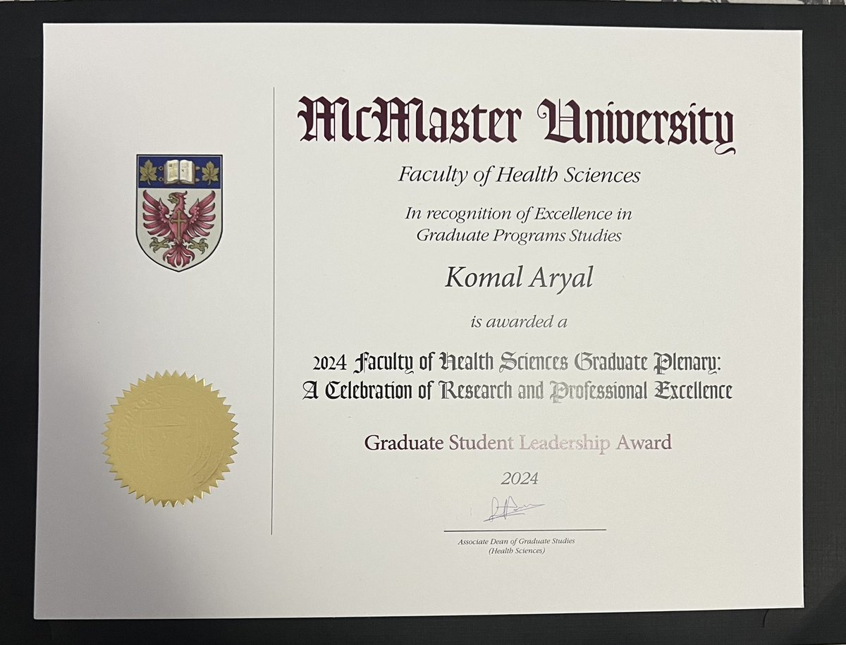 Thank you <a href="/machealthsci/">McMaster Health Sciences</a> for the FHS Plenary Graduate Student Leadership Award! 

A big thank you to my support system <a href="/Andrew_P_Costa/">Andrew Costa</a>, <a href="/HRMStudentsA/">HRMSA</a> &amp; <a href="/CAHSPRSWG/">CAHSPR Student Working Group</a> 🤗

Please come visit <a href="/CAHSPRSWG/">CAHSPR Student Working Group</a> next week at the <a href="/CAHSPR/">CAHSPR</a> Conference in Ottawa!