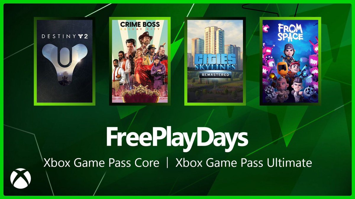 Here are the #Xbox Free Play Days games this week 💚🎮

• Destiny 2 Expansions
• Crime Boss: Rockay City
• Cities: Skylines: Remastered
• From Space