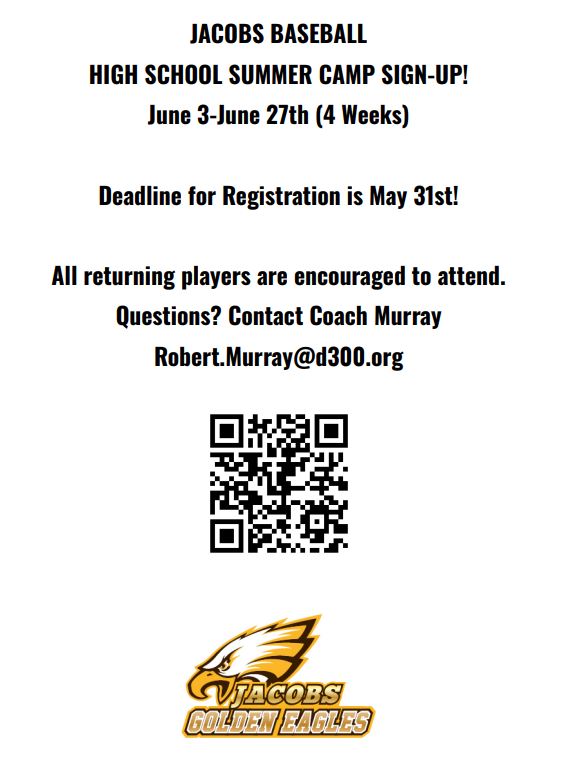 Guys Summer Camp is quickly approaching.  This is for all 2025,26 &amp; 27 graduates.  Head to the link in the QR Code to sign up.  Deadline is May 31st! <a href="/HDJBaseball/">Jacobs Baseball</a> <a href="/CoachSchutzie/">Jackson Schutzenhofer</a>