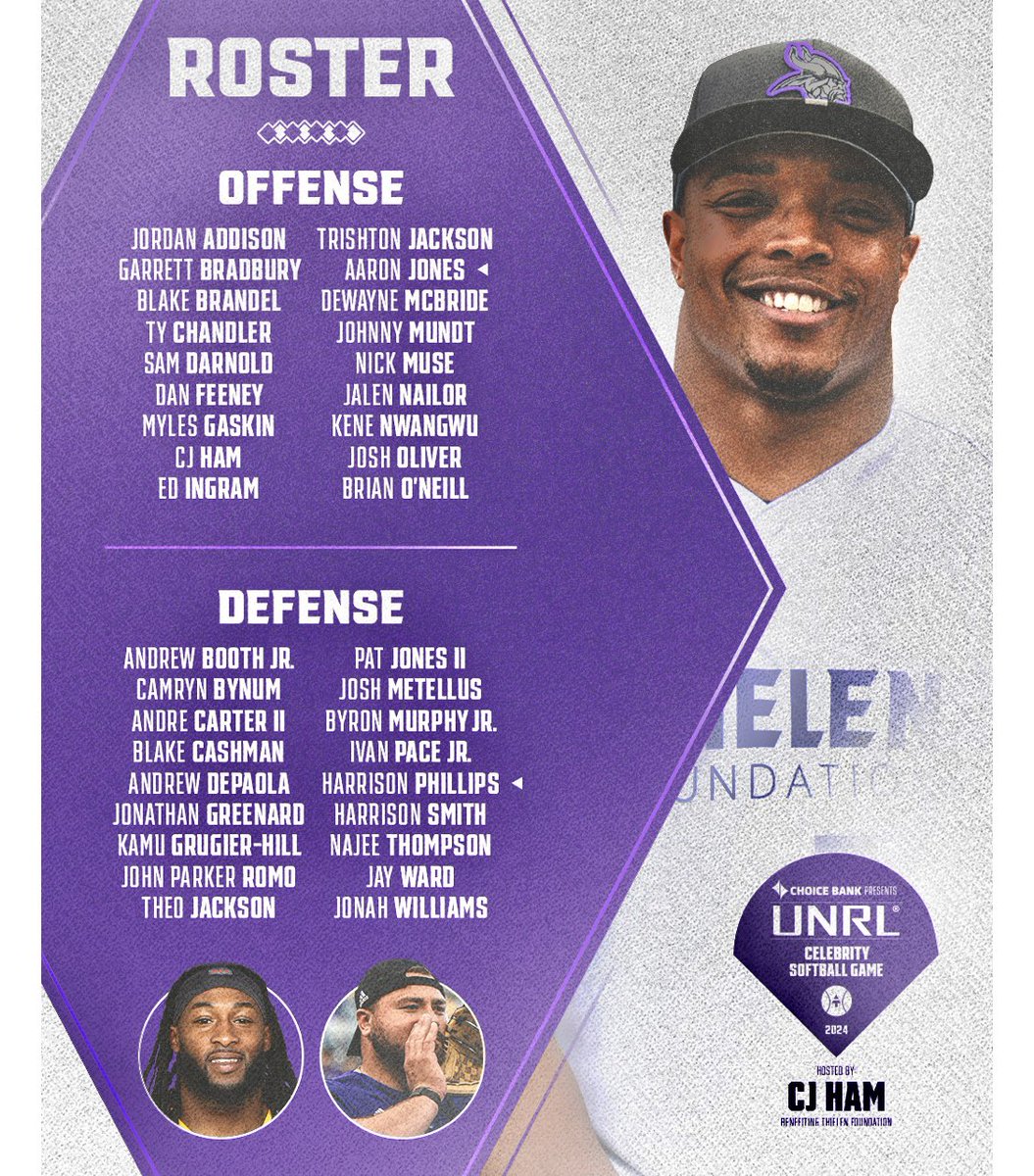 Here are the rosters for the upcoming softball charity event to be held on Thursday May 30th at CHS Field in St. Paul.. the Thielen foundation and host CJ Ham will be presenting the event sponsored by UNRL #Skol