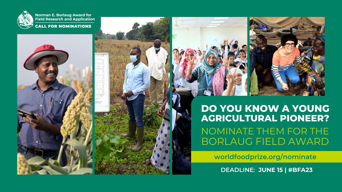 📣 Calling all #FoodSecurity heroes!🌾 The @WorldFoodPrize’s $10,000 Borlaug Field Award – endowed by @RockefellerFdn – recognizes advancements in global food and agriculture production by an individual under 40. Nominate now👉 bit.ly/BFA23Nominatio… #BFA23