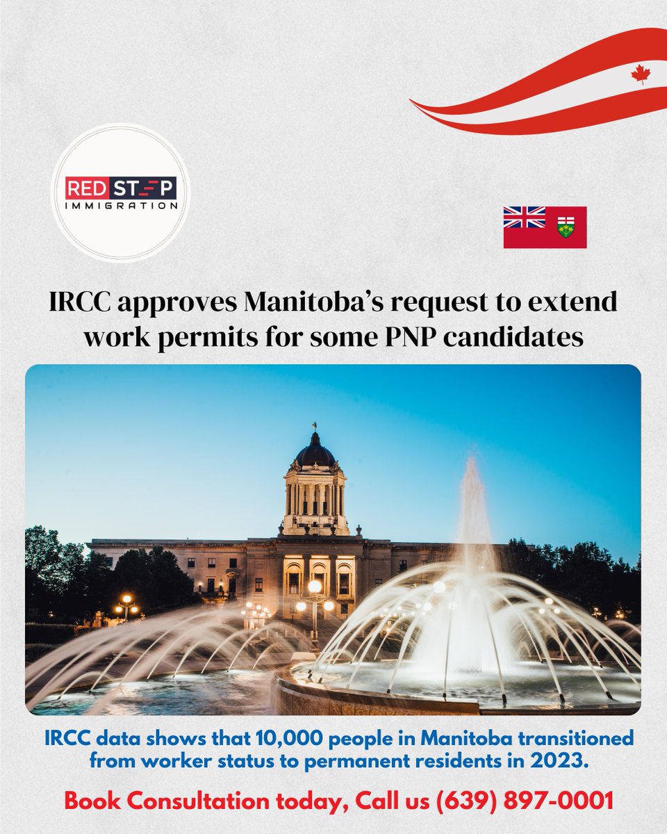 Exciting news! Manitoba's request to extend temporary resident status for PNP nominees, approved by Canada's Immigration Minister, Marc Miller. This includes mainly PGWP holders with expiring permits in 2024. 
.
#PNPSuccess #RedstepTriumph #RedStepImmigration #CanadaImmigration