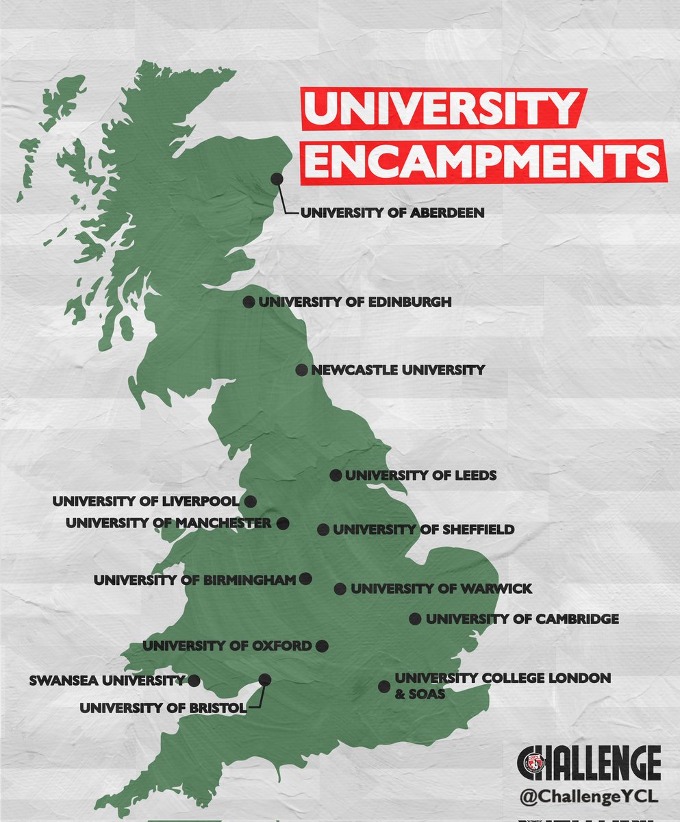 Over the past two weeks, fourteen ‘Gaza solidarity encampments’ have been erected across British university campuses. Various shades of Palestine Solidarity groups are operating officially and unofficially at British universities, made up of organised students... (1/6)