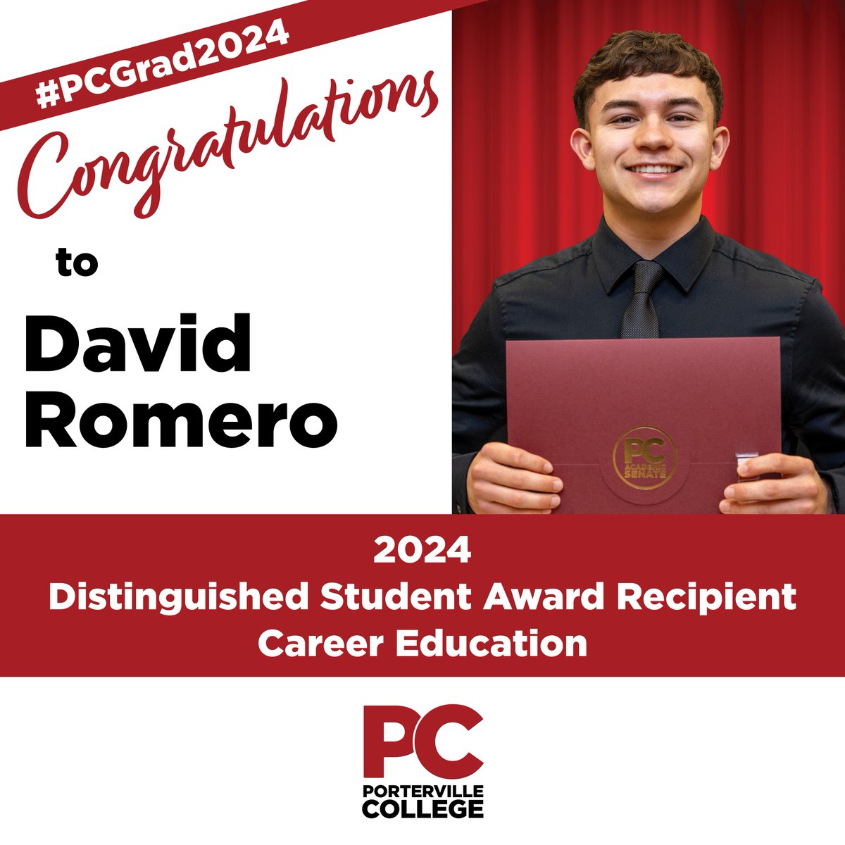 Congratulations to David Romero -- 2024 Distinguished Student Award Recipient in Career Education! #PCGrad2024 #PCStudentSuccess