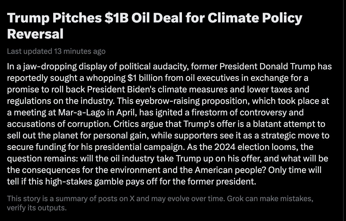 WOW. Trump is apparently trying to sell out the planet for election funding. For all of the attacks we see against George Soros, do these same people care if Trump takes what is essentially a $1 billion bribe to prop up a potentially dying industry? Renewable energy is the…