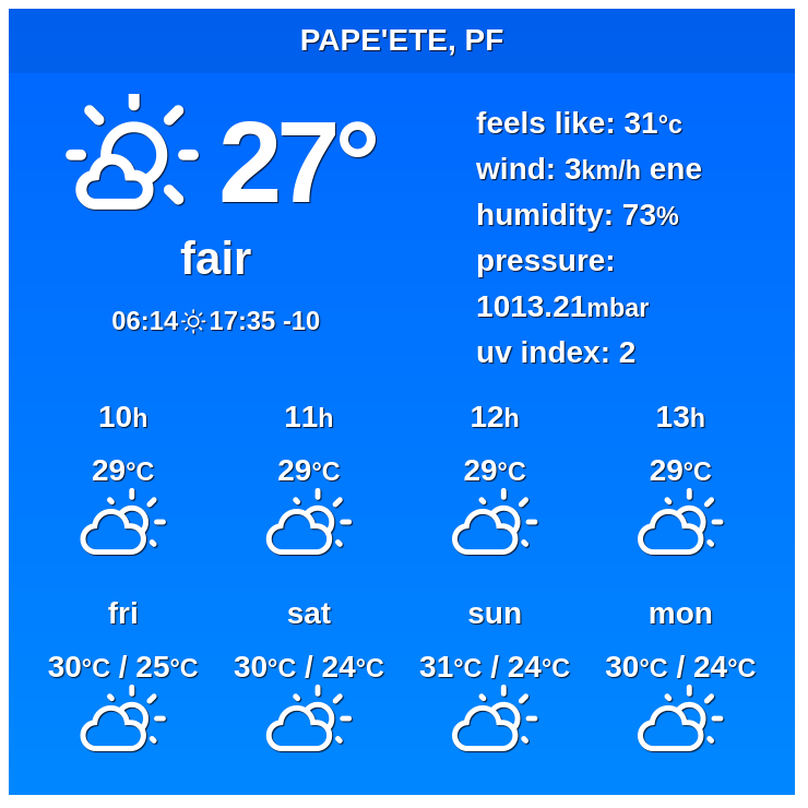 🇵🇫 Papeete, French Polynesia - Long-term weather forecast

In Pape'ete, a combination of cloudy and occasionally rainy #weather is anticipated for... 

✨ Explore: weather-atlas.com/en/french-poly…

 #Papeete  #frenchpolynesia