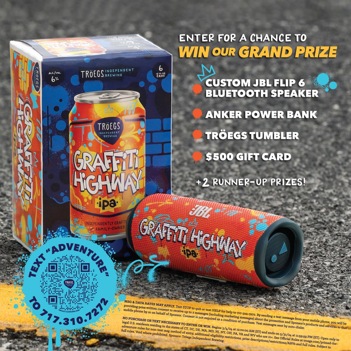 You still have time to enter our #PrimedforAdventure Giveaway. The grand prize is a #GraffitiHighway JBL Speaker, $500 gift card, Tröegs tumbler & Anker power bank. Best of all, it's simple. Text “ADVENTURE” to 717-310-7272. Contest rules at troegs.com/primed-for-adv…. #Troegs