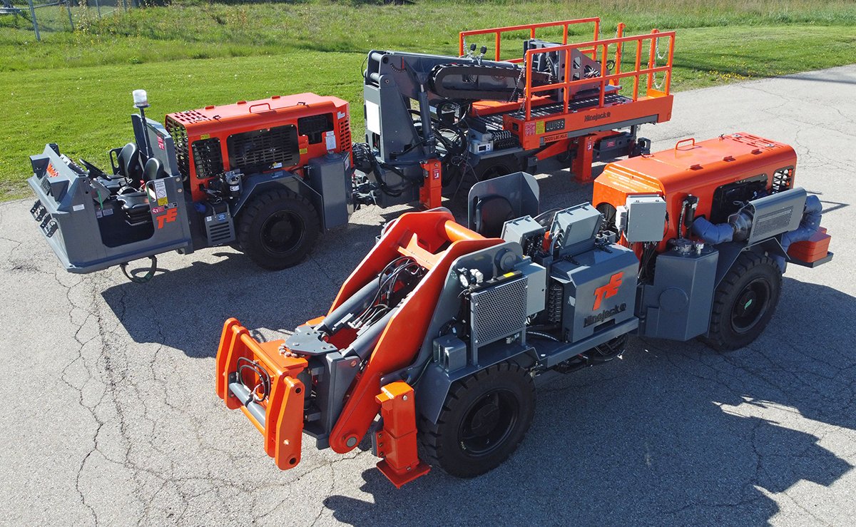 Back: Our M30 5-in-1 Utility Vehicle a 4-wheel-drive, center articulated carrier with a telescopic crane capable of carrying up to 3,000 lbs. Front: M30 DHS Transporter - durable 5’1” wide 4-wheel drive original Minejack® chassis rb.gy/yexoje #mining #minevehicles