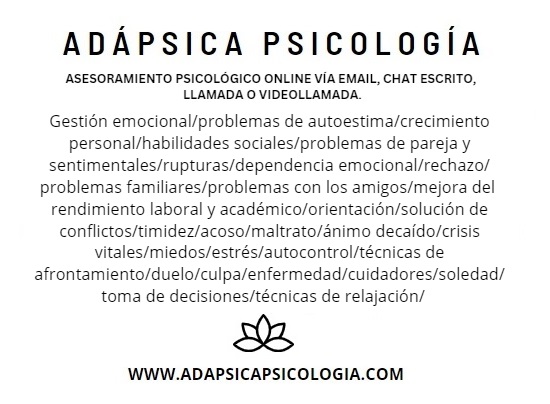 Asesoramiento psicológico online vía e-mail, chat escrito, llamada o videollamada. Visita la web para obtener más información o enviar tu consulta:

adapsicapsicologia.com

#psicología #psicóloga #psicólogo #psicoterapia #terapia #terapiaonline #saludmental #saludemocional