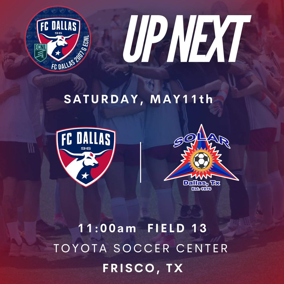 Mark ✍🏻 your calendars for Saturday, we are down to 2 games left in the TX Conference and you don’t want to miss this matchup‼️ #DTID | #HeartAndHustle 🗓️ Saturday 5/11 ⏰ 11:00am 📍 Toyota | Field 13 @FCDwomen | @ECNLgirls