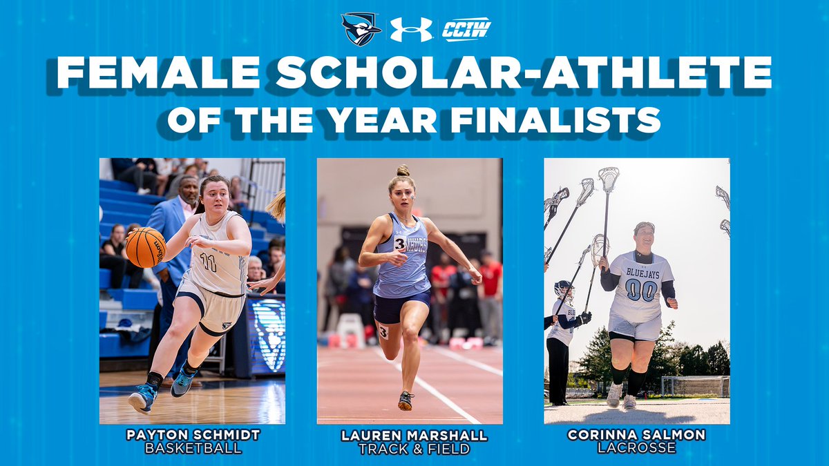 Introducing the finalists for the 2023-24 Female Scholar-Athlete of the Year!🏆 🥍Corinna Salmon, @elmhurstu_wlax 🏃‍♀️Lauren Marshall, @elmhurstu_xctf 🏀Payton Schmidt, @elmhurstu_wbb #FlyJaysFly