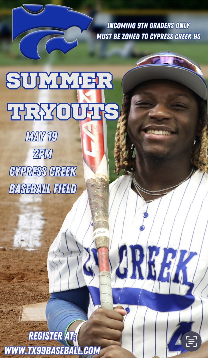 Good afternoon Cougar Nation! It’s almost that time of year again for summer team tryouts! Come out May 19th 2PM at Cy Creek for our summer team tryouts! Please see the flyer for more registration details @BleylAthletics @BleylCFISD @HMSTigerAth @CampbellGators