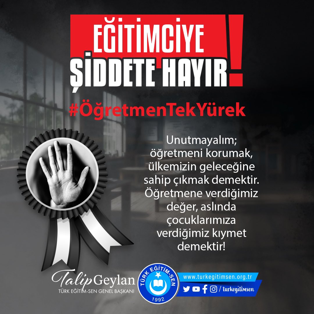 Öğretmene verdiğimiz değer aslında çocuklarımıza verdiğimiz kıymettir.
Topluma çağrıda bulunuyoruz: Öğretmene şiddet, sadece öğretmenin meselesi değil; tüm toplumun sıhhatini etkileyen temel bir problemdir.
Hep birlikte sahip çıkalım!
#ÖğretmenTekYürek