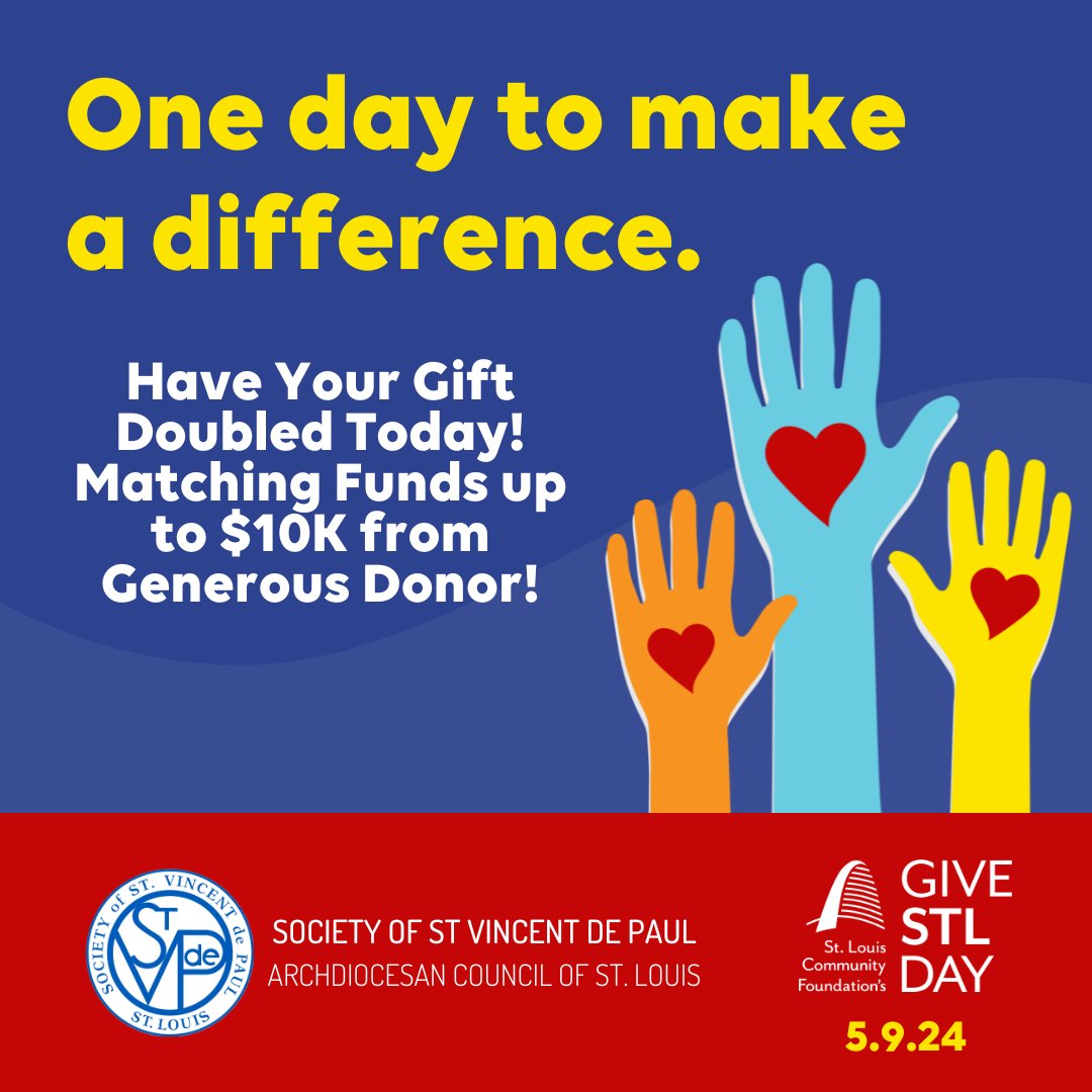 Poverty and homelessness are on the rise, but you can make a difference right here in St. Louis.  

Every gift made today is doubled with matching from a generous donor!  

Please donate today and double the impact of your gift at: givestlday.org/svdpstl