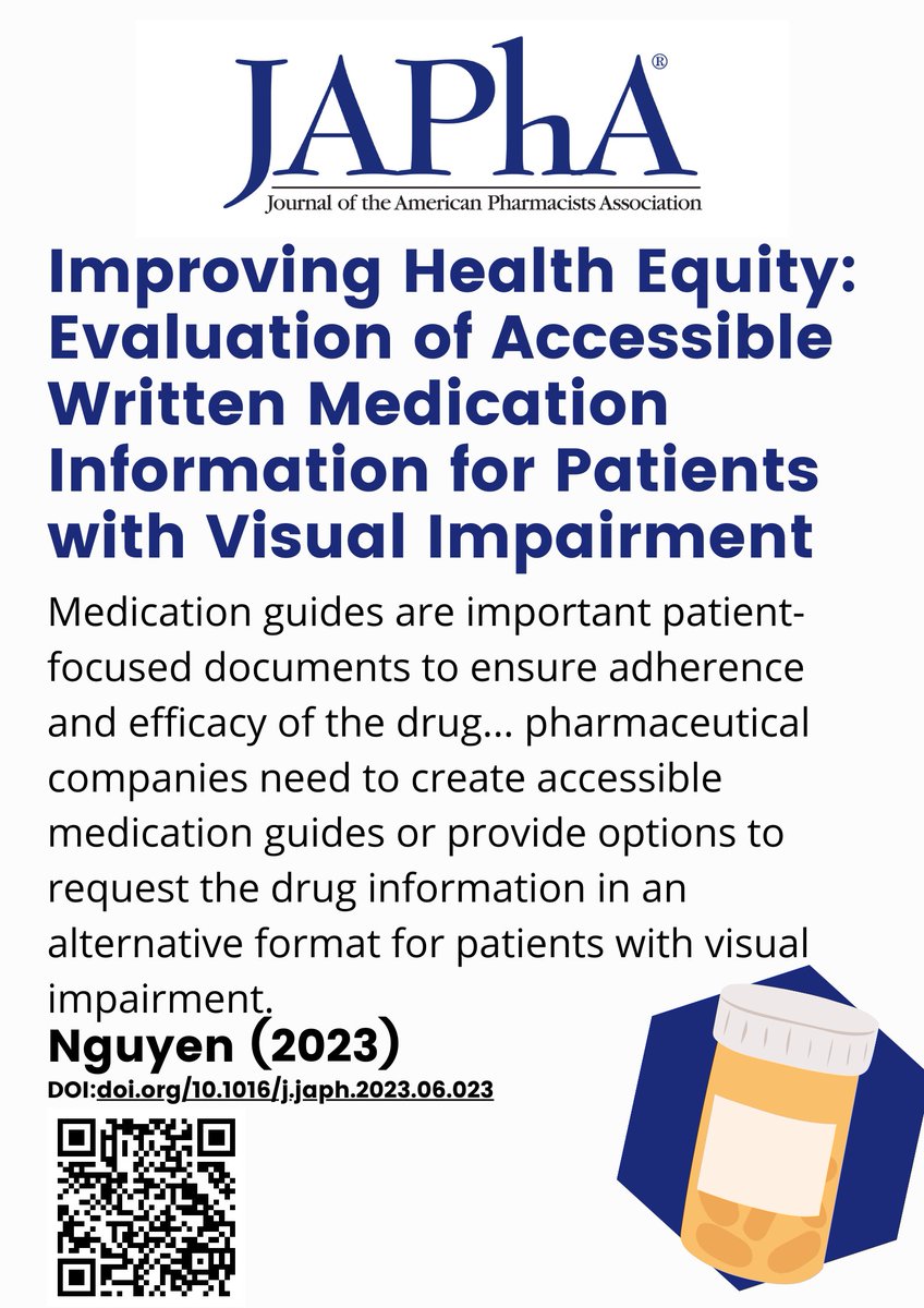 IN PRESS: Improving Health Equity: Evaluation of Accessible Written Medication Information for Patients with Visual Impairment japha.org/article/S1544-… #ForPharmacy #Pharmacists