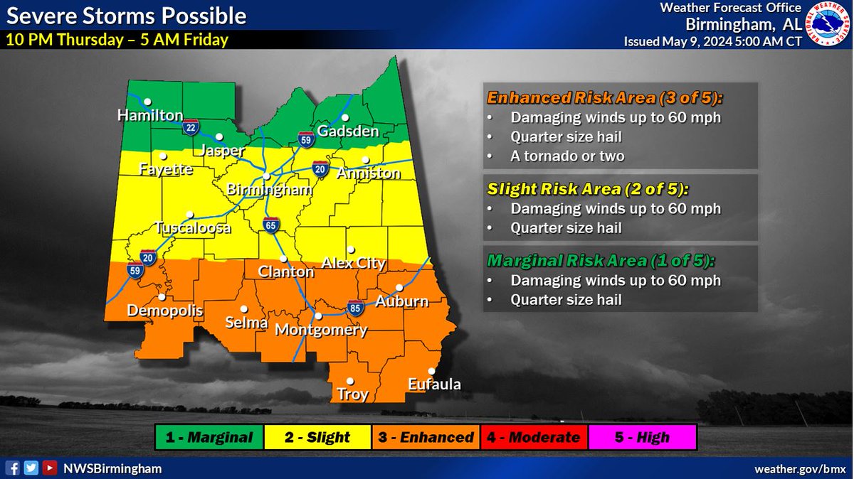5.9.24 Tornado watch for Etowah County has expired. However, there is another round of severe weather possible this evening. See graphic below.