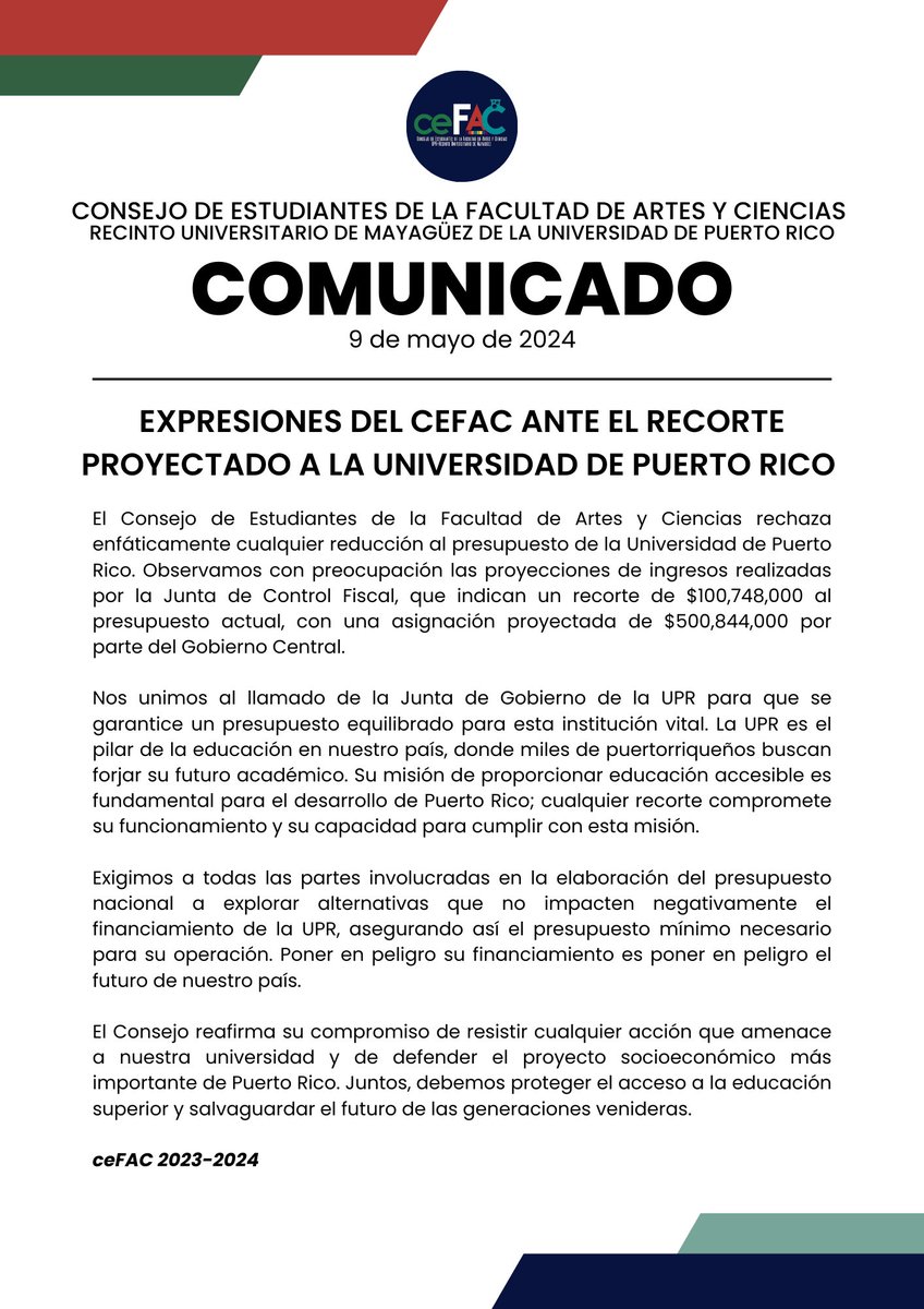[COMUNICADO] El Cefac se expresa en contra del recorte de más 100 millones de dólares a la Universidad de Puerto Rico y se une al llamado de la Junta de Gobierno por un presupuesto balanceado.