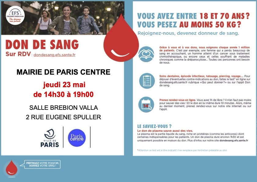 #DonDuSang | 🩸 Grâce à vous et à vos dons, 1 million de patients est soigné chaque année. Inscrivez-vous pour participer à la collecte organisée le jeudi 23 mai à la Mairie (2 rue Eugène Spuller) 👉 dondesang.efs.sante.fr/trouver-une-co…