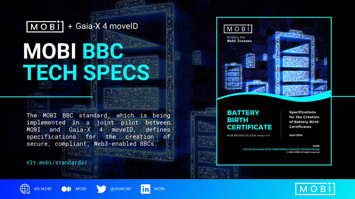 The MOBI Battery Birth Certificate (BBC) Tech Specs are now open for public review — and we want to hear from you! 📣 

1️⃣ Read the standard: bit.ly/bbcstandard
2️⃣ Submit feedback: dlt.mobi/bbc-feedback/