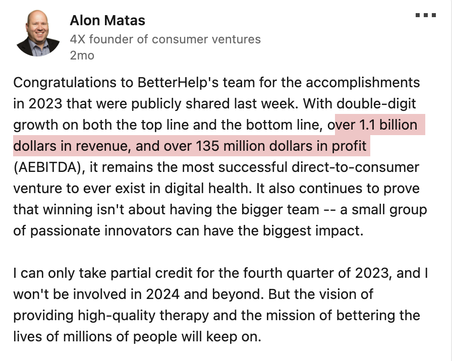 jsrailton's tweet photo. A  billion+ dollars in revenue in 2023 alone.

Yet @betterhelp paid less than $8 million in fines for victimizing their *entire customer base* for 4+ years.

In a just society with comprehensive privacy legislation, they'd face existential civil &amp; criminal consequences. https://t.co/jyudDJTu1j
