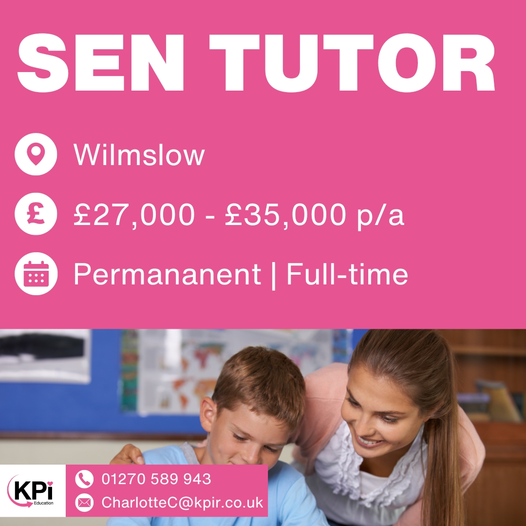 **SEN TUTOR** Wilmslow. Up to £35,000 p/a

Call 01270 589943 or email CharlotteC@kpir.co.uk to apply.

Visit bit.ly/KPIEduJob to find MORE Jobs like this!

#SEN #SENTutor #SENTeacher #WilmslowJobs #CheshireJobs #KPIRecruiting
