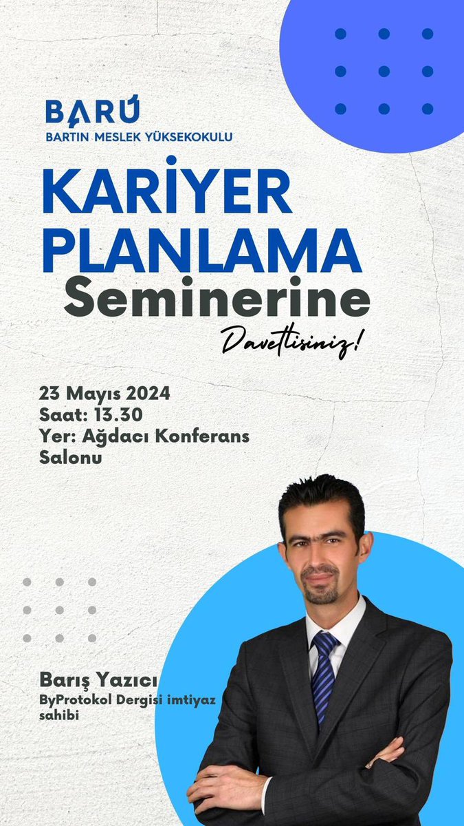 Meslek Yüksekokulumuz tarafından düzenlenen Kariyer Planlama Seminerine Davetlisiniz 📣 🗓️: 23.05.2024 ⏰: 13.30 📍: Ağdacı Konferans Salonu @baruedutr @uzun_orhan @Sevim_Celik67 @m_zahmakiran @GencLermi