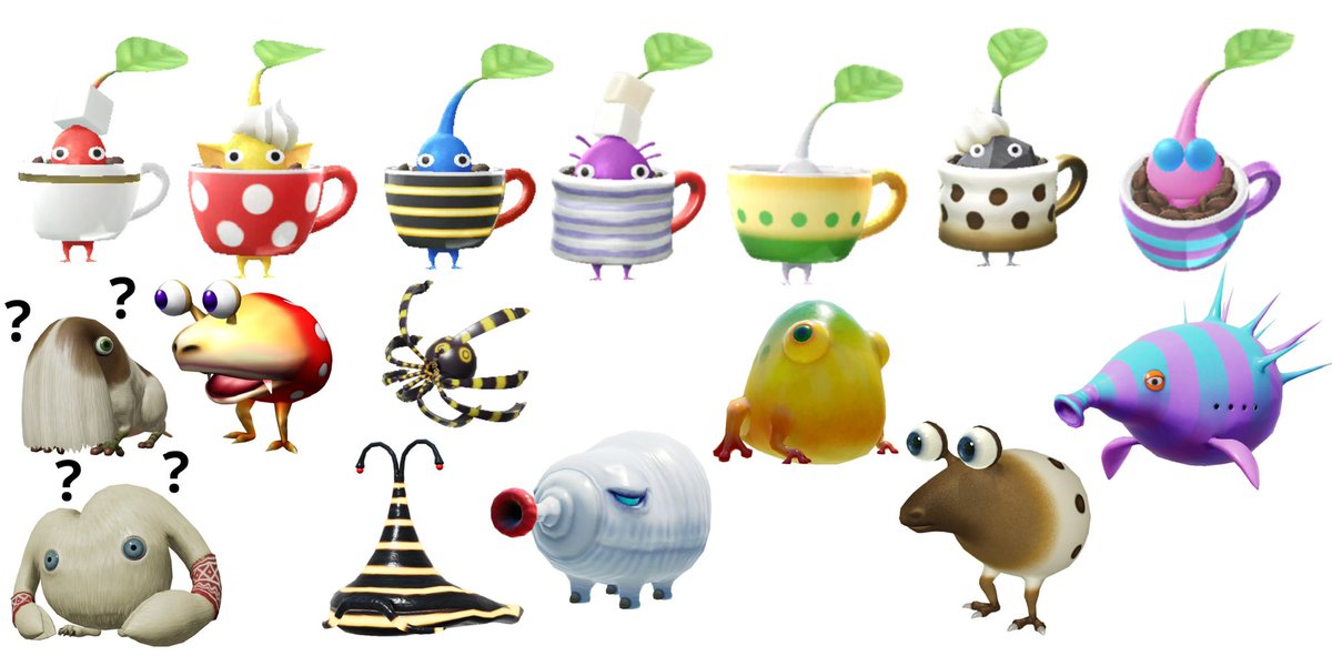 Submitted by @BurritoBoi358 

All of the Cafe Decor coffee cups from Bloom reference a specific enemy:

Red-Mamuta or Bearded Amprat?
Yellow-Red Bulborb
Blue-Arachnode or Pyroclasmic Slooch
Purple-Fiery Blowhog
White-Yellow Wollyhop
Rock-Whiptongue Bulborb
Winged-Puffy Blowhog