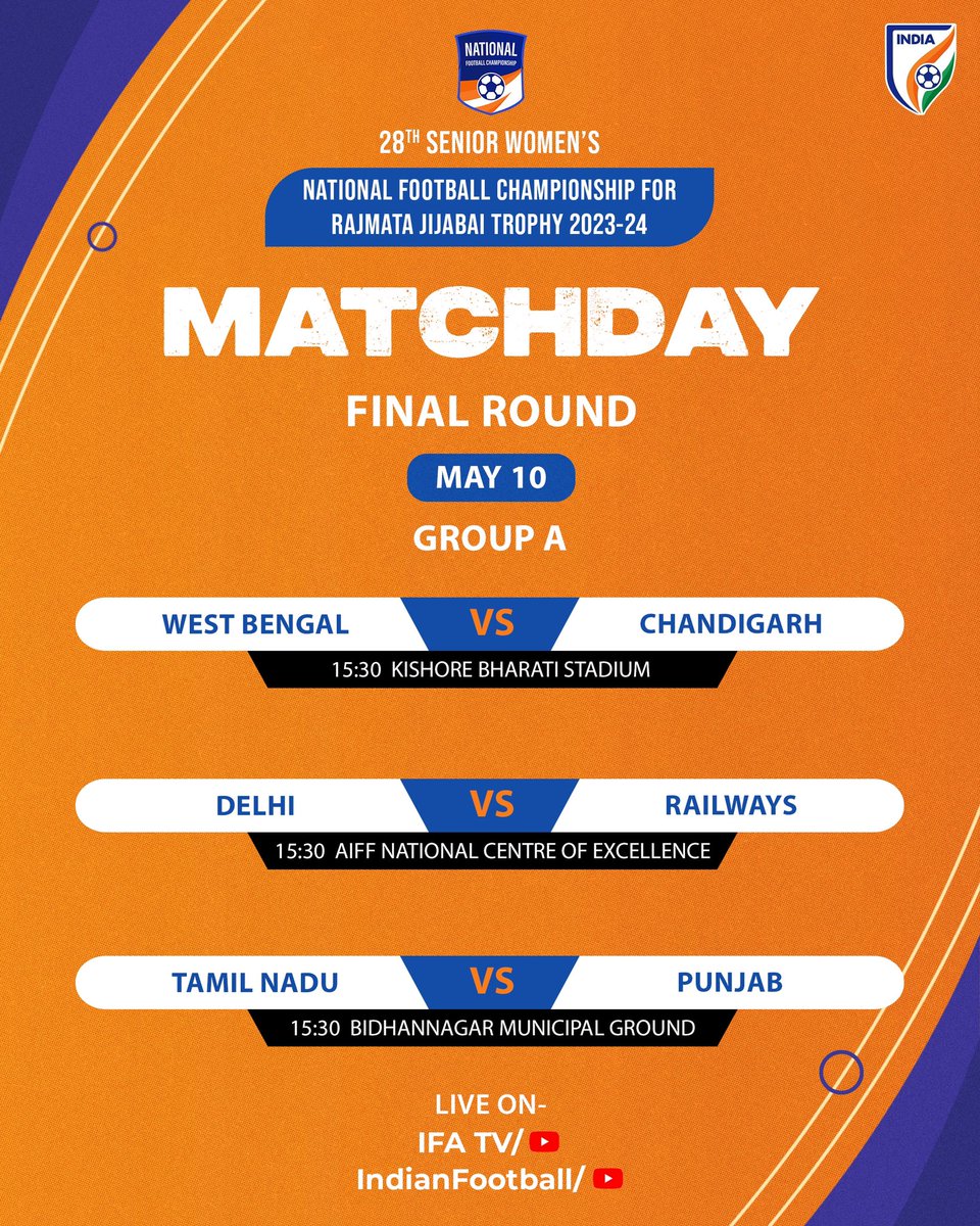 An electrifying matchday approaches on Friday, the competition is intensifying in Group A qualification race, with Tamil Nadu, West Bengal, and Railways vying for the 2️⃣ available spots! 💻 Watch LIVE on Indian Football YouTube Channel and IFA TV #IndianFootball ⚽️