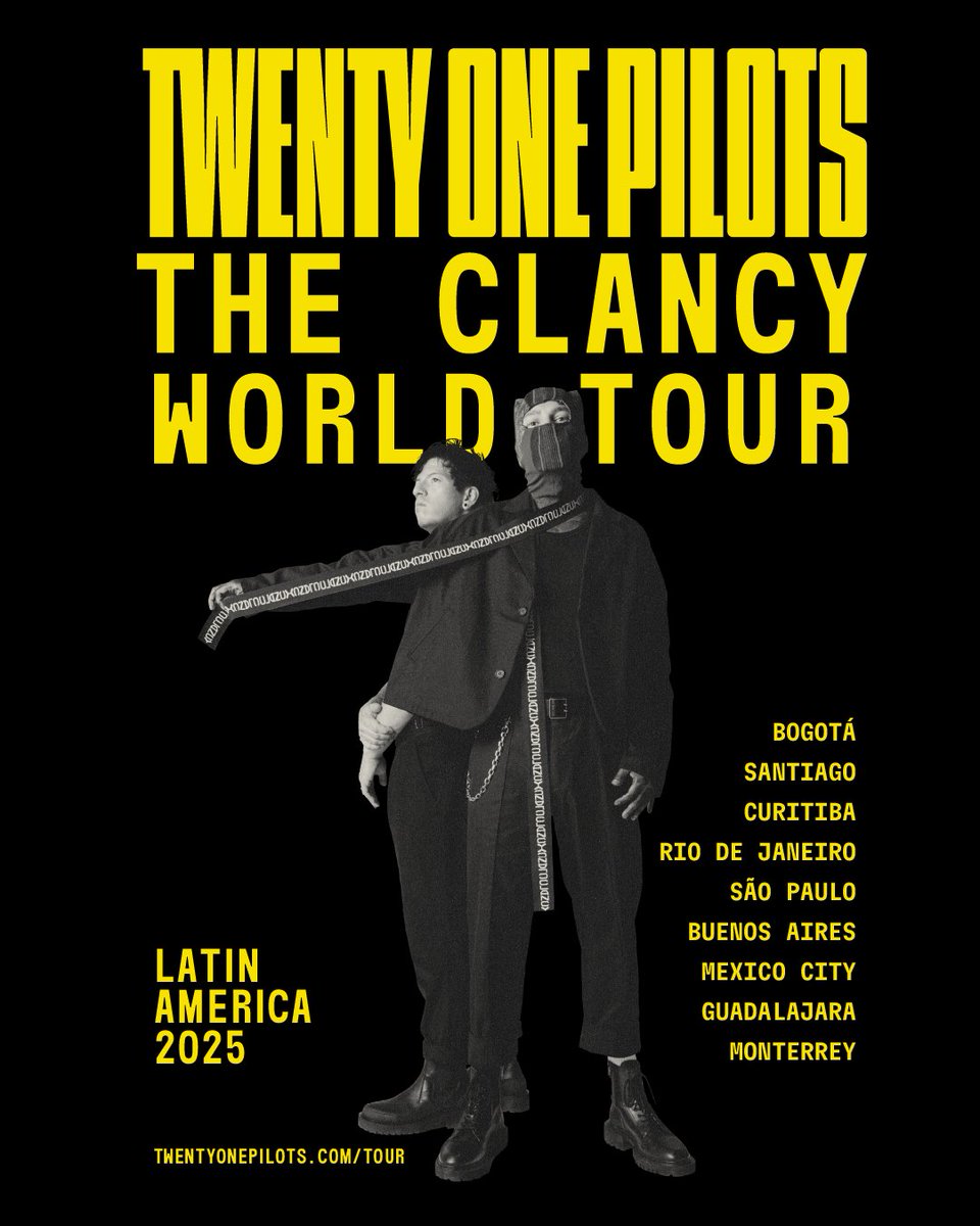 The #ClancyWorldTour is coming to Latin America, our first headlining tour through South America and Mexico. Go to twentyonepilots.com/tour for info and artist presale access.