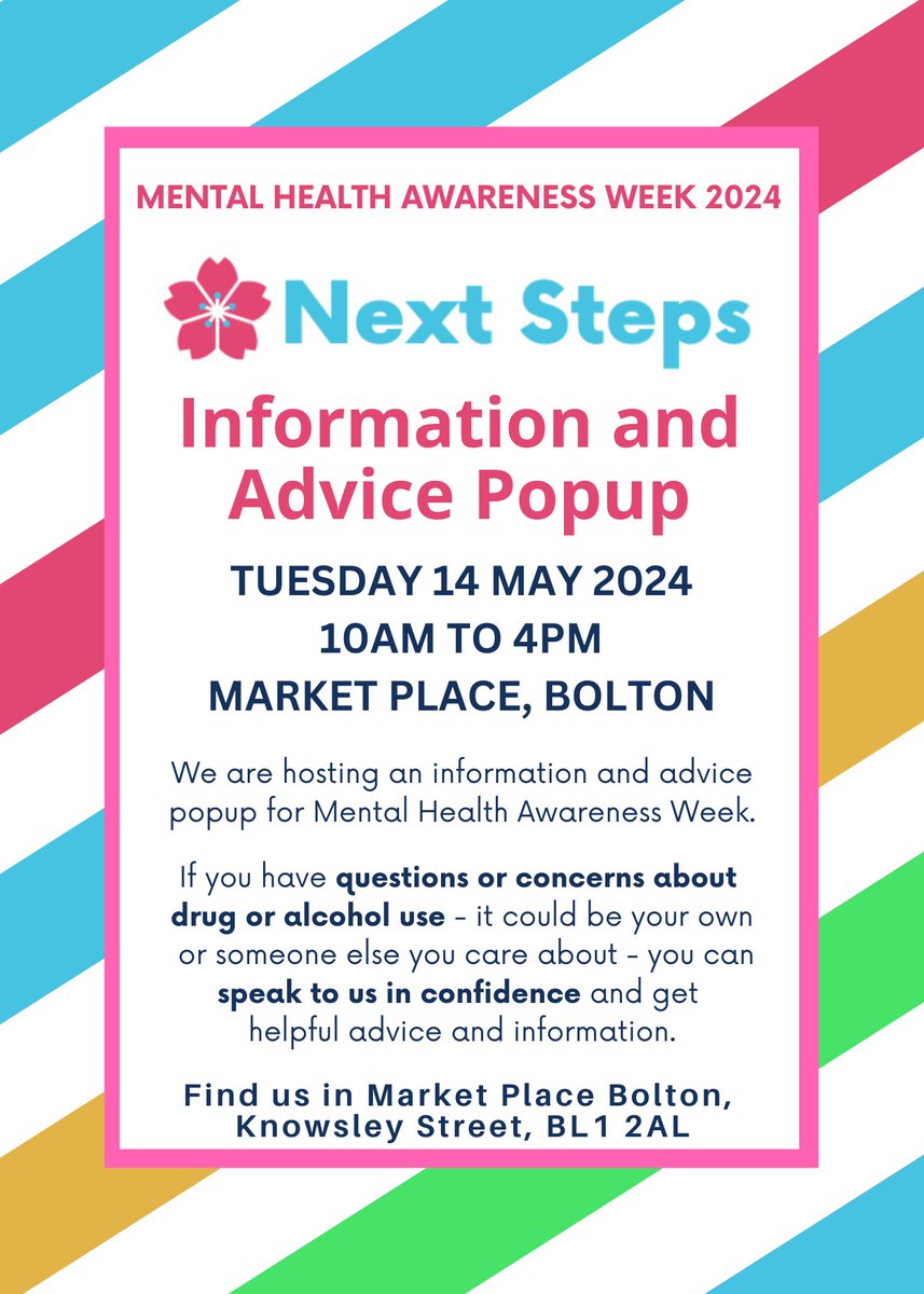 Next Steps (@nextstepsbolton) on Twitter photo Next Tuesday, to mark Mental Health Awareness Week, we are hosting a popup <a href="/Market_PlaceSC/">Market Place, Bolton</a>.
If you have questions or concerns about drug or alcohol use - either yours or someone else you care about - come and speak to us in confidence and get helpful advice and information. Next Tuesday, to mark Mental Health Awareness Week, we are hosting a popup <a href="/Market_PlaceSC/">Market Place, Bolton</a>.
If you have questions or concerns about drug or alcohol use - either yours or someone else you care about - come and speak to us in confidence and get helpful advice and information.