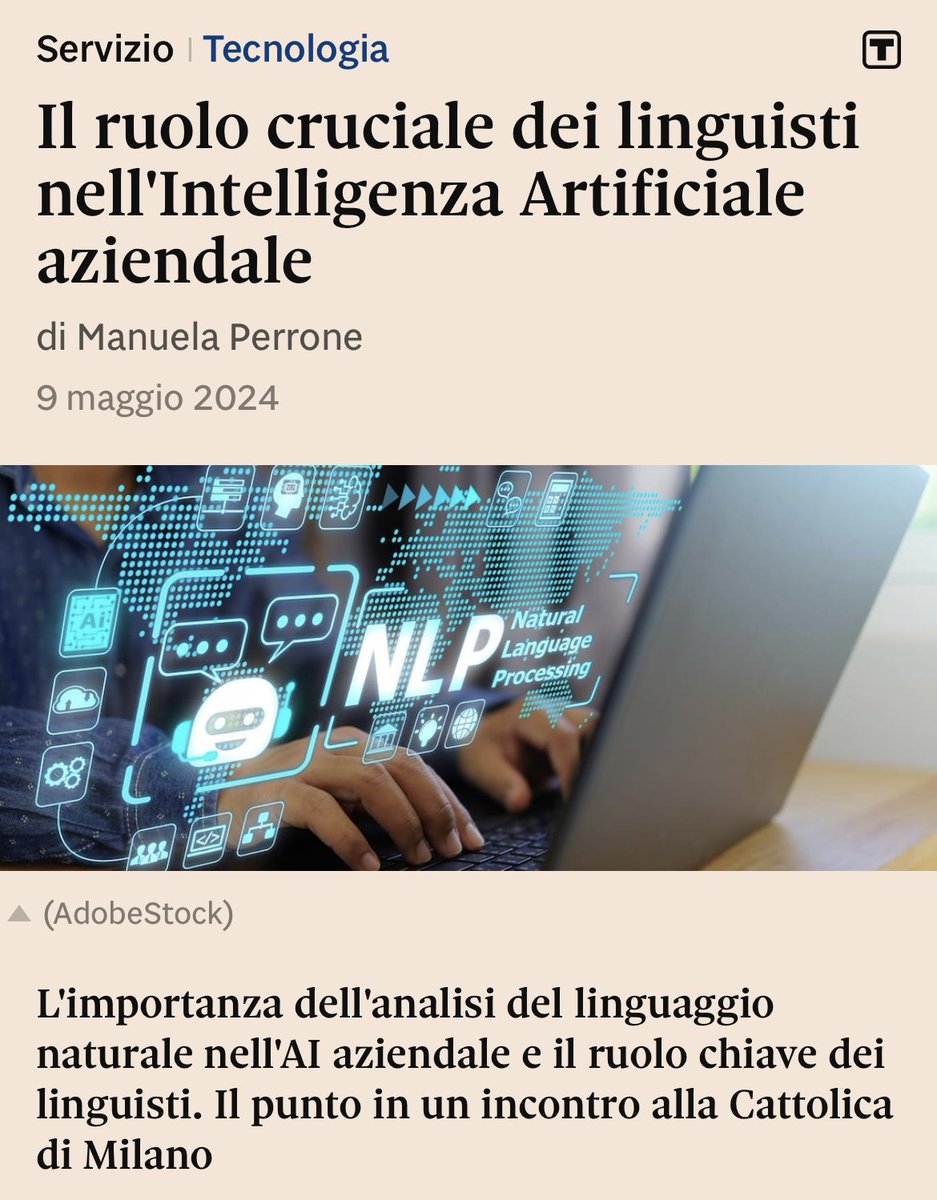 RSprugnoli's tweet photo. Oggi sul @sole24ore “Il ruolo cruciale dei linguisti nell'Intelligenza Artificiale aziendale” https://t.co/HiRZvRI7uH #NLProc @AILC_NLP @ERC_LiLa https://t.co/HUPfIVB0gc