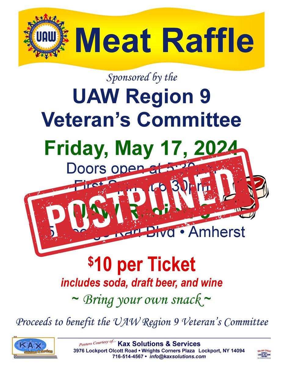 🚨 ATTENTION 🚨 The UAW Region 9 Veteran's Committee Meat Raffle scheduled for May 17, 2024, has been postponed. Stay tuned for the new date! 🍖🎟️ #veterans #meatraffle
