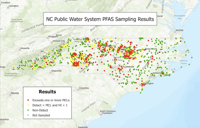 Red dots = PFAS levels above max @epa drinking water standard. Roughly 300+ water systems = 3.44 million people Yellow dots = detected but below max Green dots = non detect Based on 1 sample