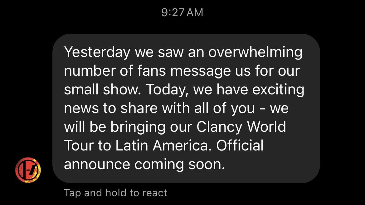 🚨 A conta oficial do @twentyonepilots no Instagram, confirmou que a 'Clancy World Tour' será anunciada na América Latina a qualquer momento. Fiquem ligados!

'Ontem vimos um enorme número de fãs nos enviando mensagens para o pequeno show [no México]. Hoje temos emocionantes…