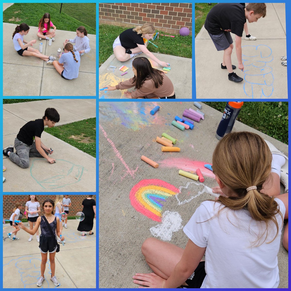 Today, we practiced some Wellness/ Mindfulness strategies. My station got to use sidewalk chalk to make art, blow bubbles, play games, and work on bracelet making. A very calming morning with our @WilsonElem Wildcats!💙🤍