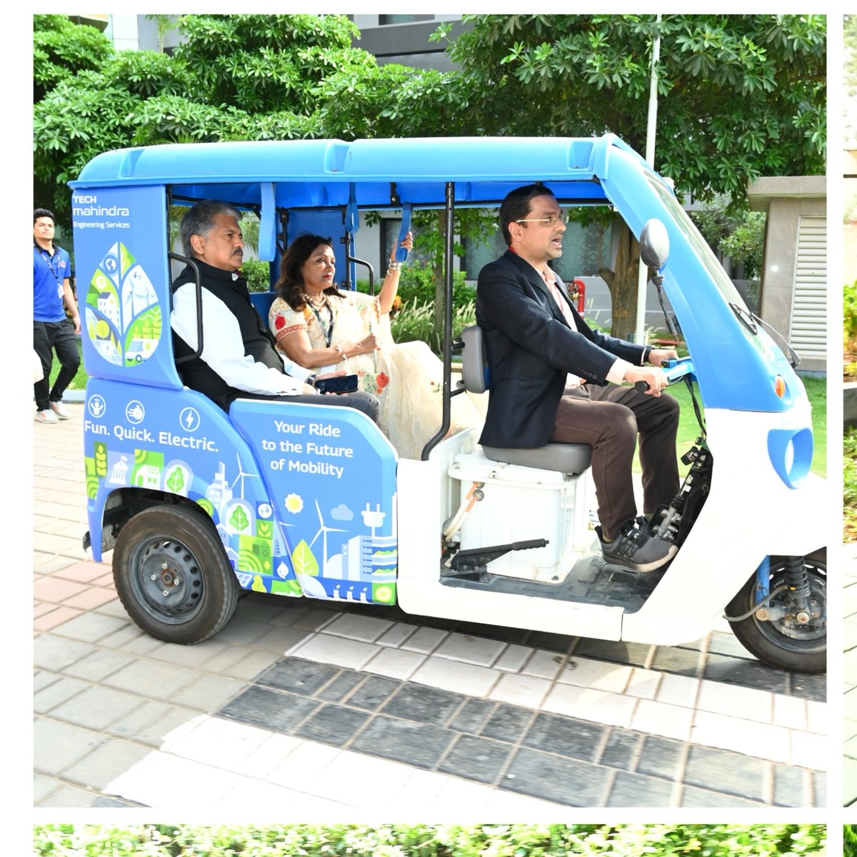 sumanmishra_1's tweet photo. Patience is a virtue, but no one said we had to wait sooooo long! 

Finally  we got these pictures of @anandmahindra enjoying his ride in the Treo at the @tech_mahindra campus! 

My colleagues there really know the way to our hearts @MahindraLMM  😀😀 https://t.co/oFZ0vB97kb