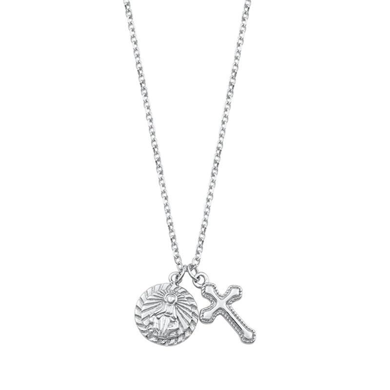 Virgin Mary with Cross Charm necklace. buff.ly/4b3UXqQ

#luxsalvejewelry #virginmarypendant #crossnecklace #silverjewelry #catholicgifts
