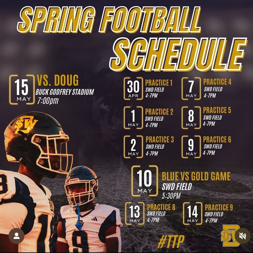 Come to our Spring Game vs Fredrick Douglas May 15 Next Wednesday!!! #TTP @mb_3three @SWD_FB